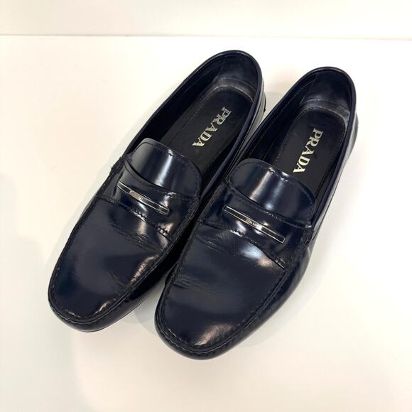 PRADA Patent Leather Navy Blue Silver Metal Logo Plaque Driving Loafer 10 Shoes